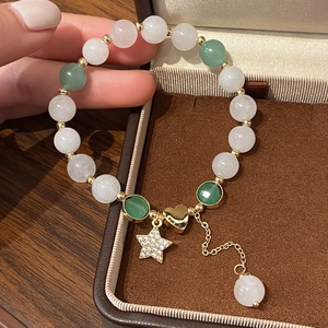 Bracelet Perle Pierre Naturelle Breloques Cœur Et Étoile Strass Plaqué Or 14k Bijoux Mode Pour Femmes