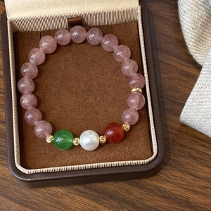 Exquisite natural strawberry quartz bead bracelet with pearl and multi-color gemstone accents