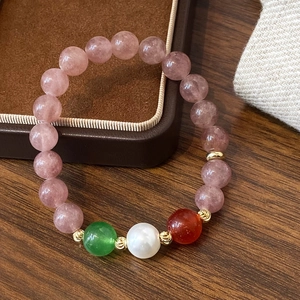 Strawberry Quartz Beaded Bracelet Natural Stone With Artificial Pearl Agate Chalcedony Gold Plated Copper Jewelry Women
