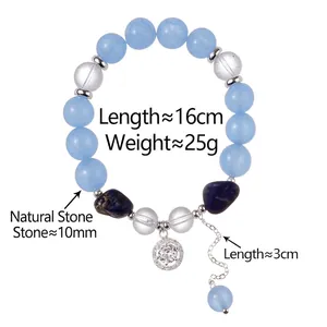 Elegant sky blue natural stone beaded bracelet with sparkling round crystal charm pendant