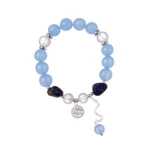 Light blue beaded bracelet with ice crack beads and crystal pendant on white background