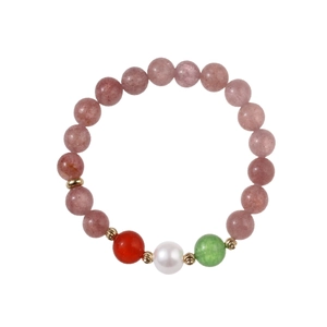 Exquisite natural rose quartz beaded bracelet with colorful gems and gold spacer beads