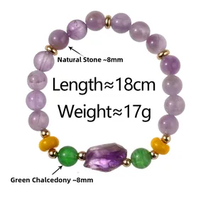 Macro detail of natural stone bracelet featuring purple beads and green chalcedony stone
