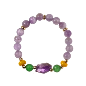 Purple natural stone bracelet with green chalcedony and gold accents on white background