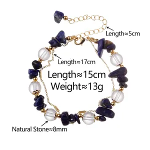 Double-layer bohemian bracelet with blue natural stones and clear beads for women