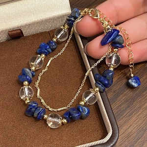 Bohemian double-layer bracelet with natural lapis lazuli stones and gold chain link