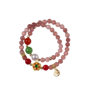 Ethnic double-layer pink strawberry crystal bracelet with pearls and floral charms
