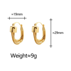 Elegant gold tassel U-shaped hoop earrings with spiral chains measuring 19mm by 29mm
