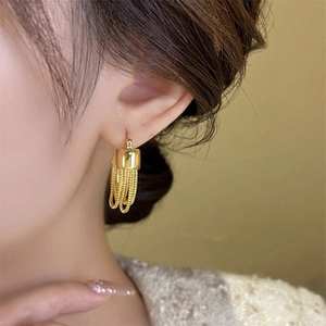 Detailed view of elegant gold tassel earrings featuring sleek snake chains on a model