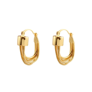 Elegant gold U-shaped tiered chain earrings with textured metal and cylindrical accents