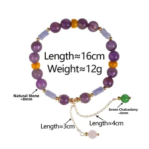 Detail view of amethyst and chalcedony beaded bracelet with dimension and weight specs