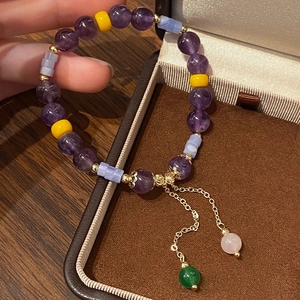 New Chinese Style Beaded Bracelet Amethyst Green Chalcedony Copper Gold Plated Handcrafted Tassel Luxury Jewelry For Women