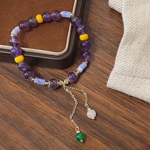 Handmade Neo-Chinese amethyst and chalcedony beaded bracelet with gold metal accents