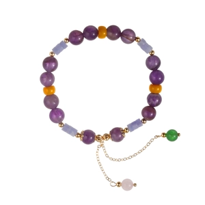 Handmade amethyst and chalcedony beaded bracelet with elegant gold-toned metal accents