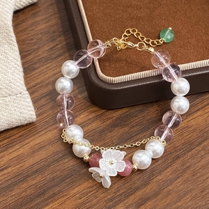 Copper Gold Plated Beaded Bracelet With White Shell Flower Pendant Amethyst Imitation Artificial Pearl Neo-Chinese Elegant Jewelry For Women