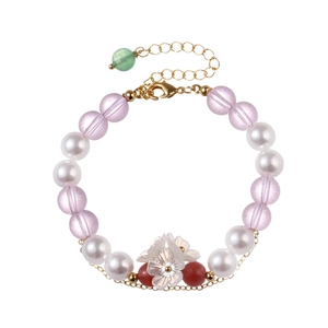 Elegant white pearl and purple amethyst style beaded bracelet with floral pendant
