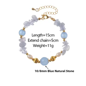 Detail showing 15cm blue natural stone and pearl bracelet with 5cm extension chain