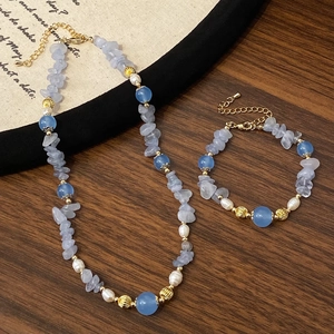 Necklace And Bracelet With Irregular Blue Natural Stone White Artificial Pearl 14K Gold Plated Copper Elegant Jewelry For Women