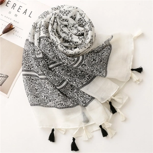 Floral print scarf with black tassels, lightweight cotton linen feel shawl for women