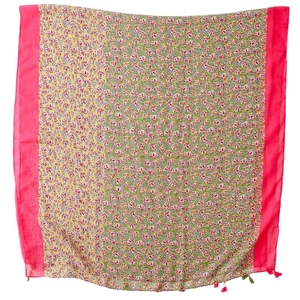 Bohemian floral cotton-linen scarf with colorful tree patterns and pink tassels