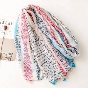 Bohemian floral cotton linen scarf with tassels and blue pink pattern design