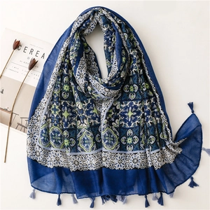 Ethnic Bohemian Floral Print Voile Scarf For Women Polyester Lightweight Long Shawl With Tassels Elegant Neck Wrap