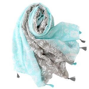 Écharpe aspect coton-lin bleu et gris avec détails élégants de pompons longs