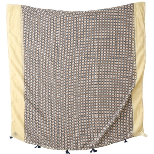 Beige cotton-linen blend scarf with blue geometric print and navy tassel trim