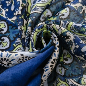 Close-up of lightweight paisley print fabric with blue and green floral patterns