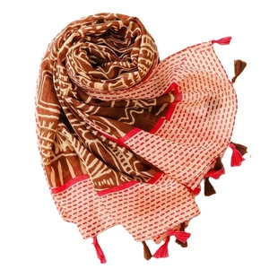 Bohemian rectangle scarf with earthy tones, abstract patterns and fringe edges