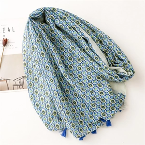 Blue floral bohemian scarf with fringe edges, light sun protection shawl for women