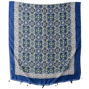 Blue floral printed cotton linen scarf with vintage patterns and tassel fringe detail