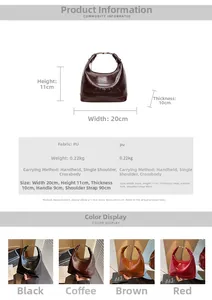 Infographic showing size 20x11x10cm and four color options for the PU leather bag