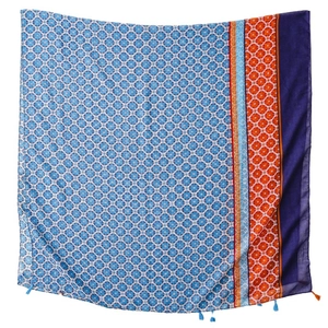 Blue and white bohemian patterned scarf with orange tassels and vintage geometric design