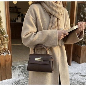Detail of dark brown lychee leather handbag with gold clasp on beige wool coat background