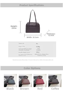 Detailed size chart and specifications for the minimalist PU leather tote bag in four colors