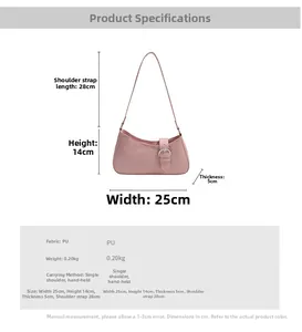 Pink PU crescent underarm bag specifications showing dimensions and silver buckle detail