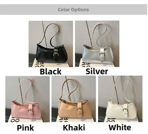 Fashion crescent underarm bags in black silver pink khaki and white displayed on pedestals