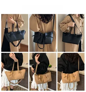 Collage of black and khaki oversized tote bags shown in various crossbody and hand-carry modes