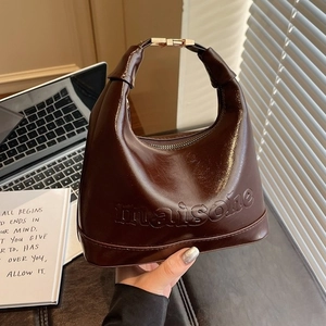 Retro Glossy PU Leather Shoulder Bag For Women Vintage Hobo Crossbody Handbag With Embossed Letter Metal Buckle Zipper