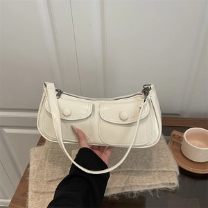 Cream-colored French vintage underarm bag with double front flap pockets and PU leather