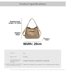 Detailed size specifications of light khaki bucket bag with strap length of 10-120cm