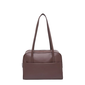 Minimalist large dark brown leather shoulder bag for women with dual straps and zipper