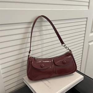 French Vintage Glossy PU Leather Underarm Baguette Bag With Double Pockets Fashion Shoulder Bag For Women Daily Use