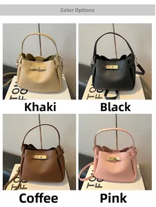 Four colors of bucket bags including khaki, black, coffee and pink in a 2x2 grid view