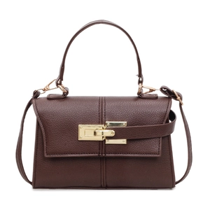 Dark caramel trapezoid handbag with gold hardware and textured leather shown from front