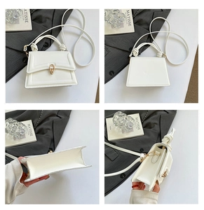 Detail views showing white mini bag compartments, golden lock, and textured leather finish