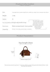 Tabella taglie dettagliata della borsa vintage in pelle PU marrone con dimensioni e peso