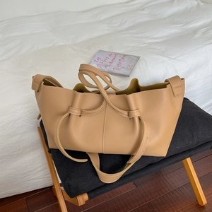 Minimalist khaki pleated tote bag with knotted straps and large capacity for women