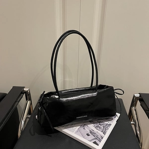 Women's Glossy PU Leather Underarm Bag Minimalist Baguette Shoulder Bag Side Bow Decoration Fashion Commuter Handbag